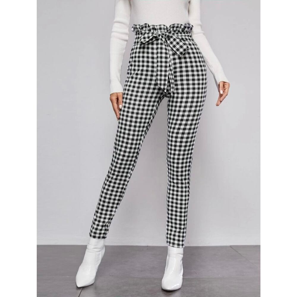 Shein Paperbag Wasit Knot Front Buffalo Plaid Pants Medium